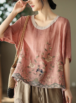 Vintage Ramie Embroidered Women Tops