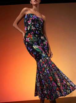 Strapless Smocked Printed Peplum Dresses