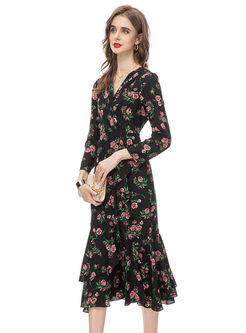 Casual Floral V-Neck Peplum Dresses