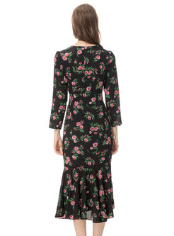 Casual Floral V-Neck Peplum Dresses