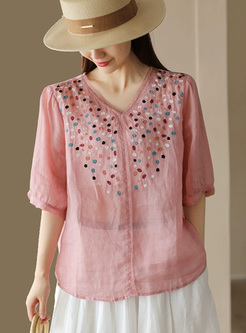 Embroidered Ramie V-Neck Women Tops