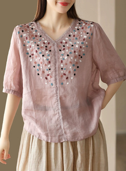Embroidered Ramie V-Neck Women Tops