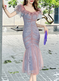 Elegant Feather Smocked Mesh Corset Dresses