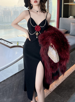 Slim 3D Rose Beads Slit Bodycon Dresses