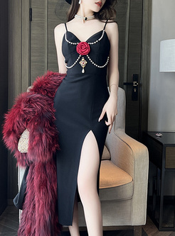 Slim 3D Rose Beads Slit Bodycon Dresses