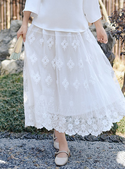 Retro Mesh Embroidery Elastic Waist Skirts