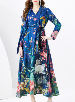 Court Tie Printed Long Sleeve Maxi Dresses