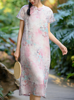 Retro Ramie Flower Cheongsam Style Dresses