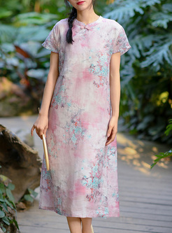 Retro Ramie Flower Cheongsam Style Dresses