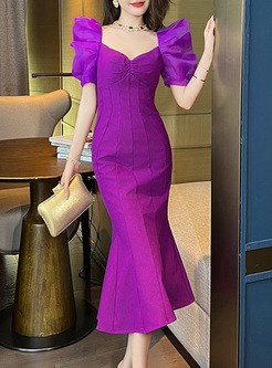 Retro Puff Sleeve Purple Peplum Dresses