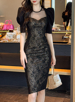 New Puff Sleeve Lace Sequins Corset Dresses