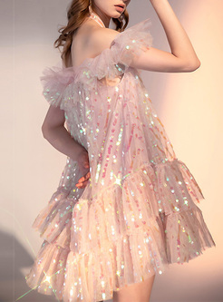 Shiny Halter Neck Mesh Bubble Dresses