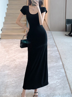 Fashion Back Hollow Solid Color Dresses