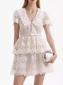 Lapel Embroidered Lace Layered Dresses