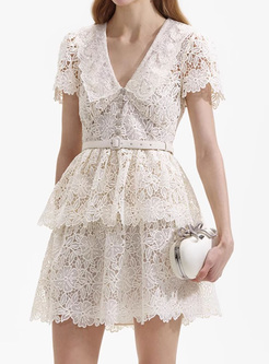 Lapel Embroidered Lace Layered Dresses