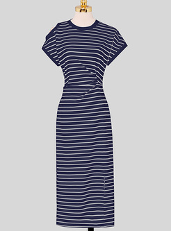 Striped Side Slit Open Shoulder Dresses