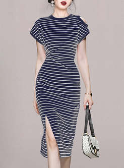 Striped Side Slit Open Shoulder Dresses