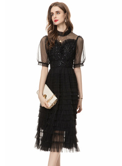Beaded Mesh Patch Layered Dresses