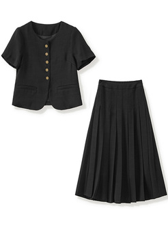 Work Short Sleeve Coats & Pleated Mid Skirts